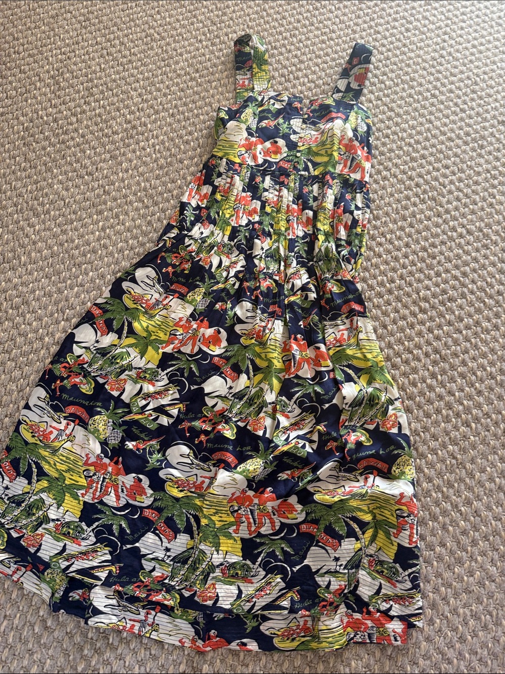THE GREAT. Navy Floral Maxi Sundress with Green and Coral Print